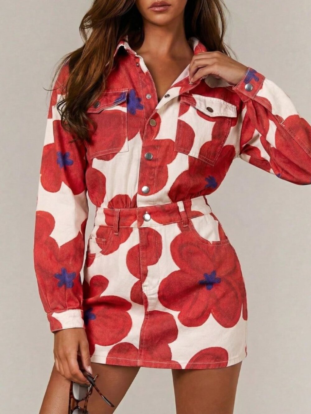 Red Floral Print Denim Shirt Mini Dress with Snap Buttons